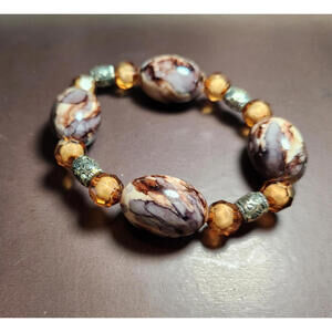 Vintage Costume Jewelry Stretch Bracelet with Jasper Amber Silver Beads Shells